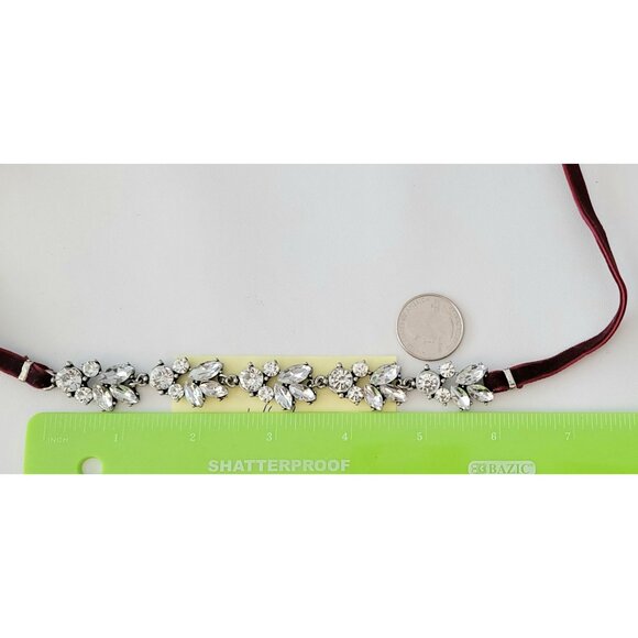 Silver Tone Clear Rhinestone Collar, Red Velvet Cord Statement Necklace 60" Long - Picture 6 of 8